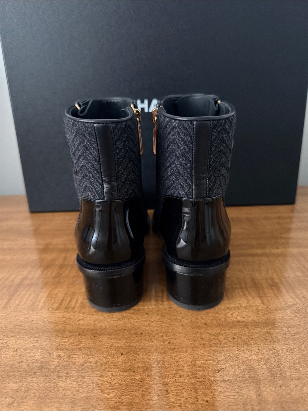 CHANEL Black Tweed & Leather Ankle Booties with Gold Zip Pull - Picture 4 of 11